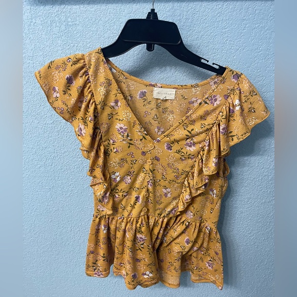 Floral Mustard Ruffle Top - Picture 1 of 4